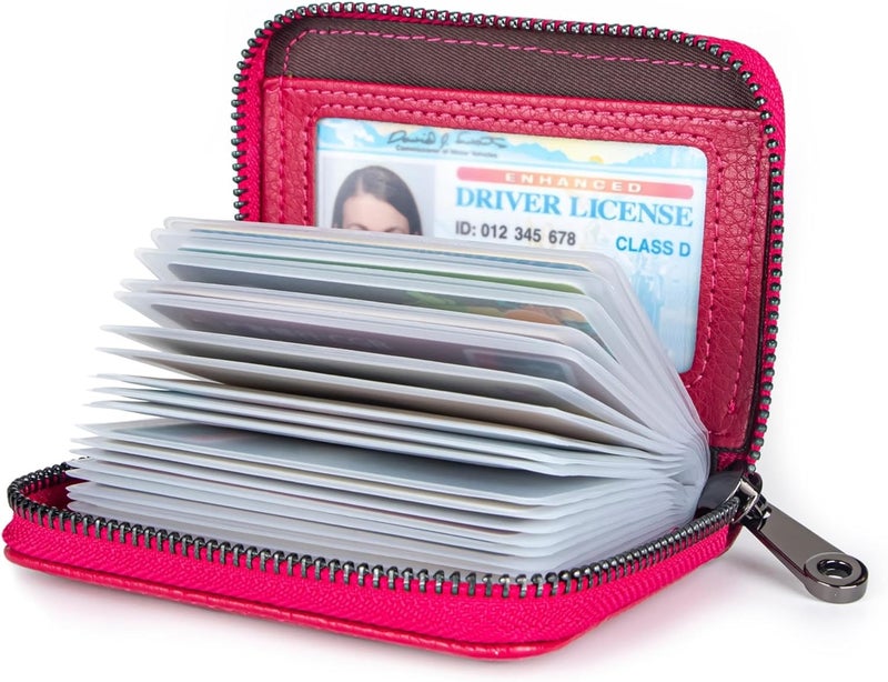 Suweibuke Genuine Leather Credit Card Holder Zipper Wallet RFID Blocking Secure Card Case ID Case Organizer (Rose Red) - Image 2